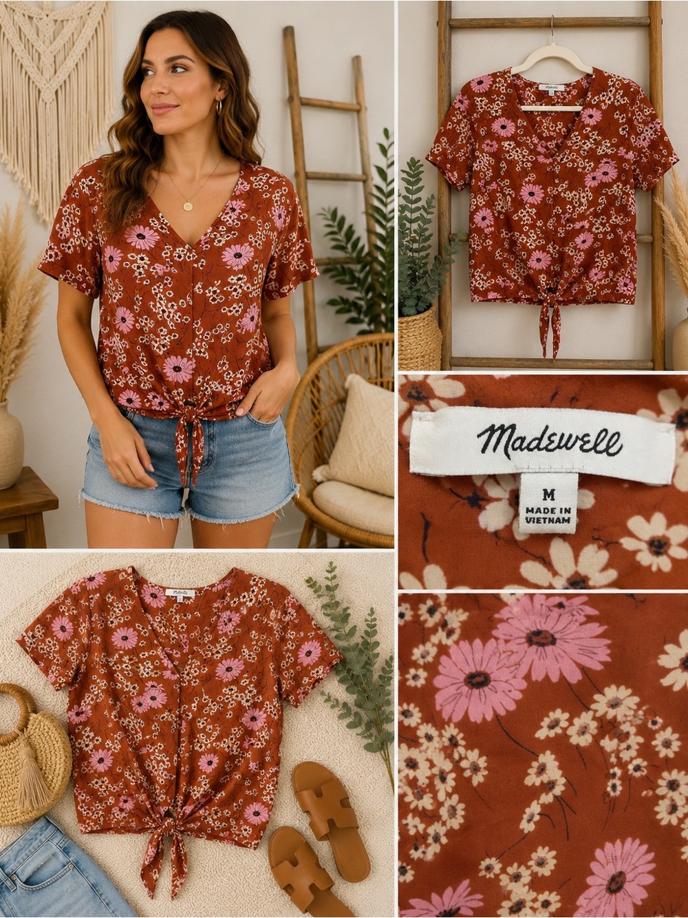 Madewell Rust Floral Tie-Front Crop Top with Pink Blooms Size M